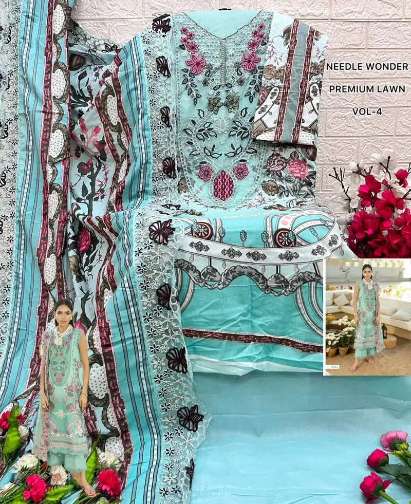 Shree Needle Wonder Premium Lawn Vol 4 Chiffon Dupatta Cotton Pakistani Suits