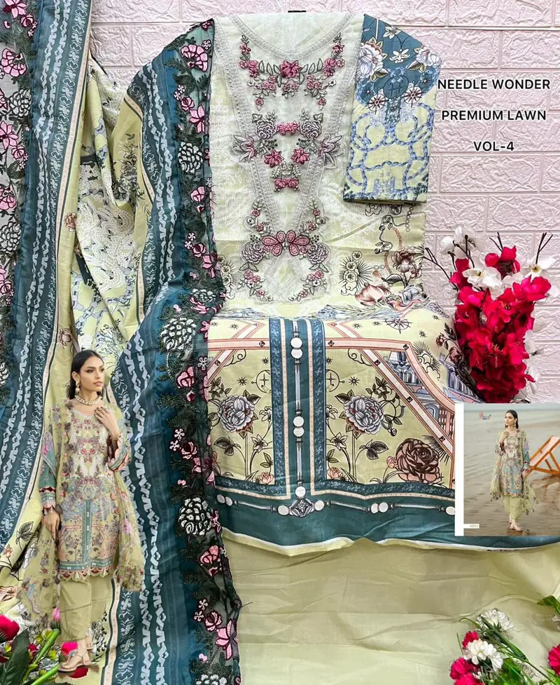 Shree Needle Wonder Premium Lawn Vol 4 Chiffon Dupatta Cotton Pakistani Suits