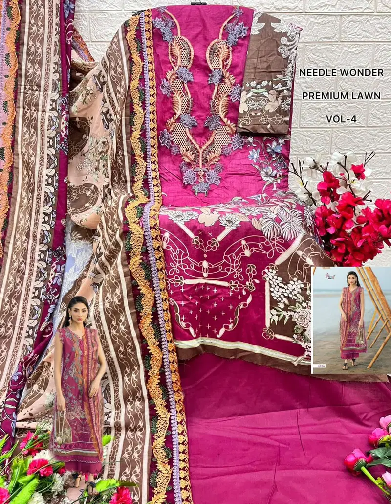 Shree Needle Wonder Premium Lawn Vol 4 Chiffon Dupatta Cotton Pakistani Suits