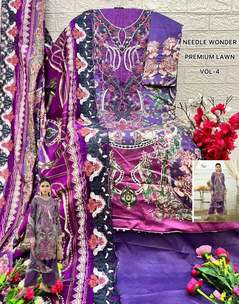 Shree Needle Wonder Premium Lawn Vol 4 Chiffon Dupatta Cotton Pakistani Suits