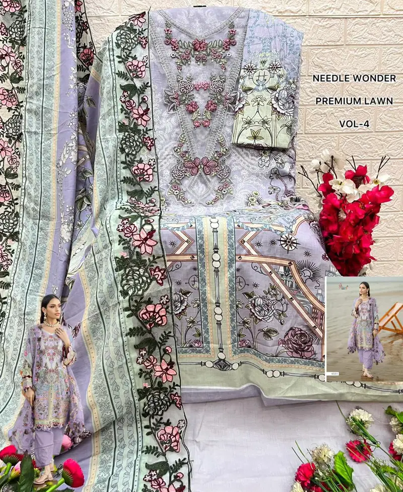 Shree Needle Wonder Premium Lawn Vol 4 Chiffon Dupatta Cotton Pakistani Suits