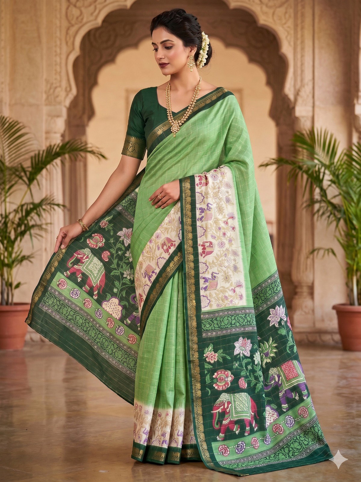 VLC Anjali Mangalgiri Silk Kalamkari Gap Border Printed Pallu Saree