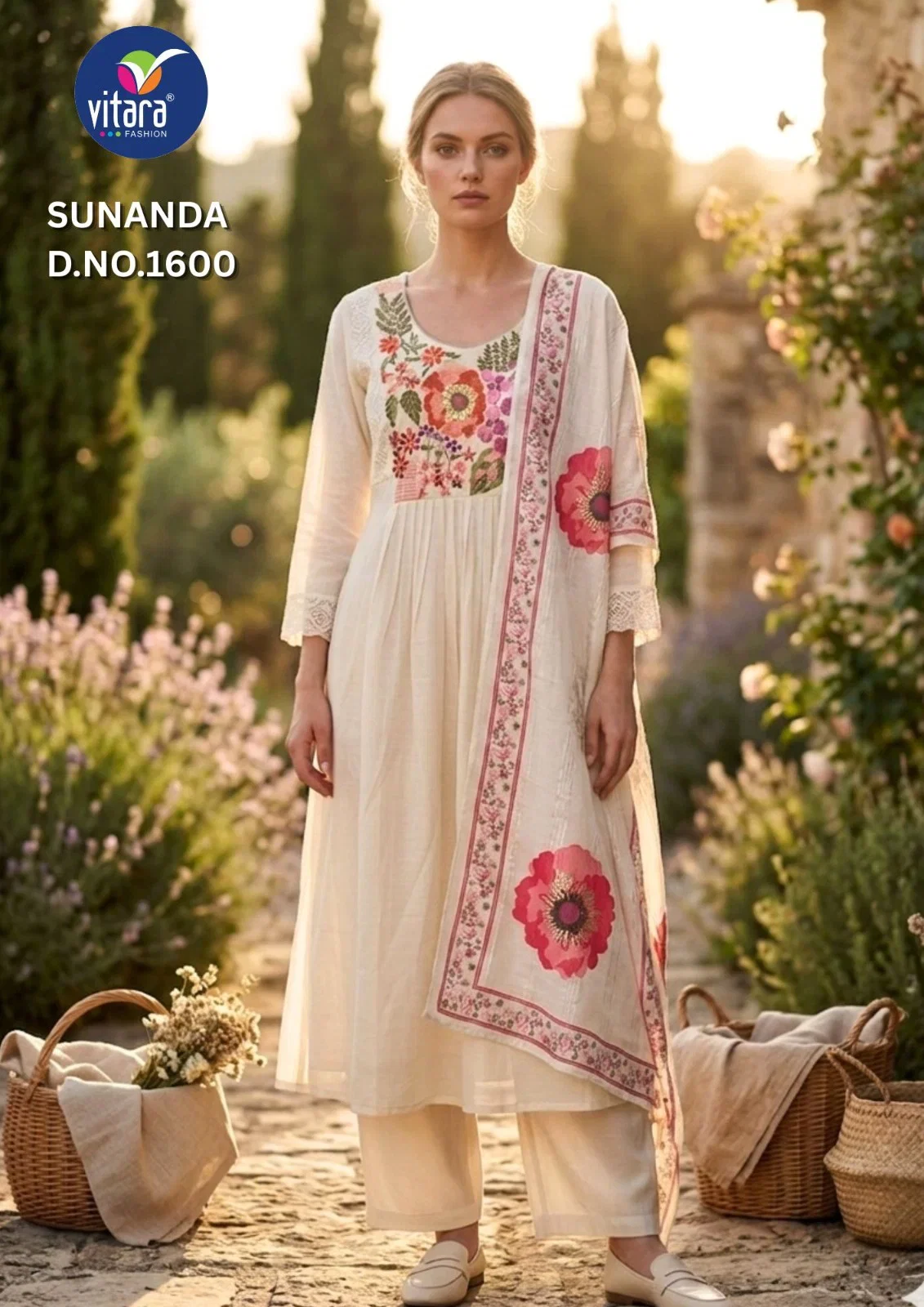 Vitara Sunanda Mul Chanderi Embroidered Kurti With Bottom Dupatta
