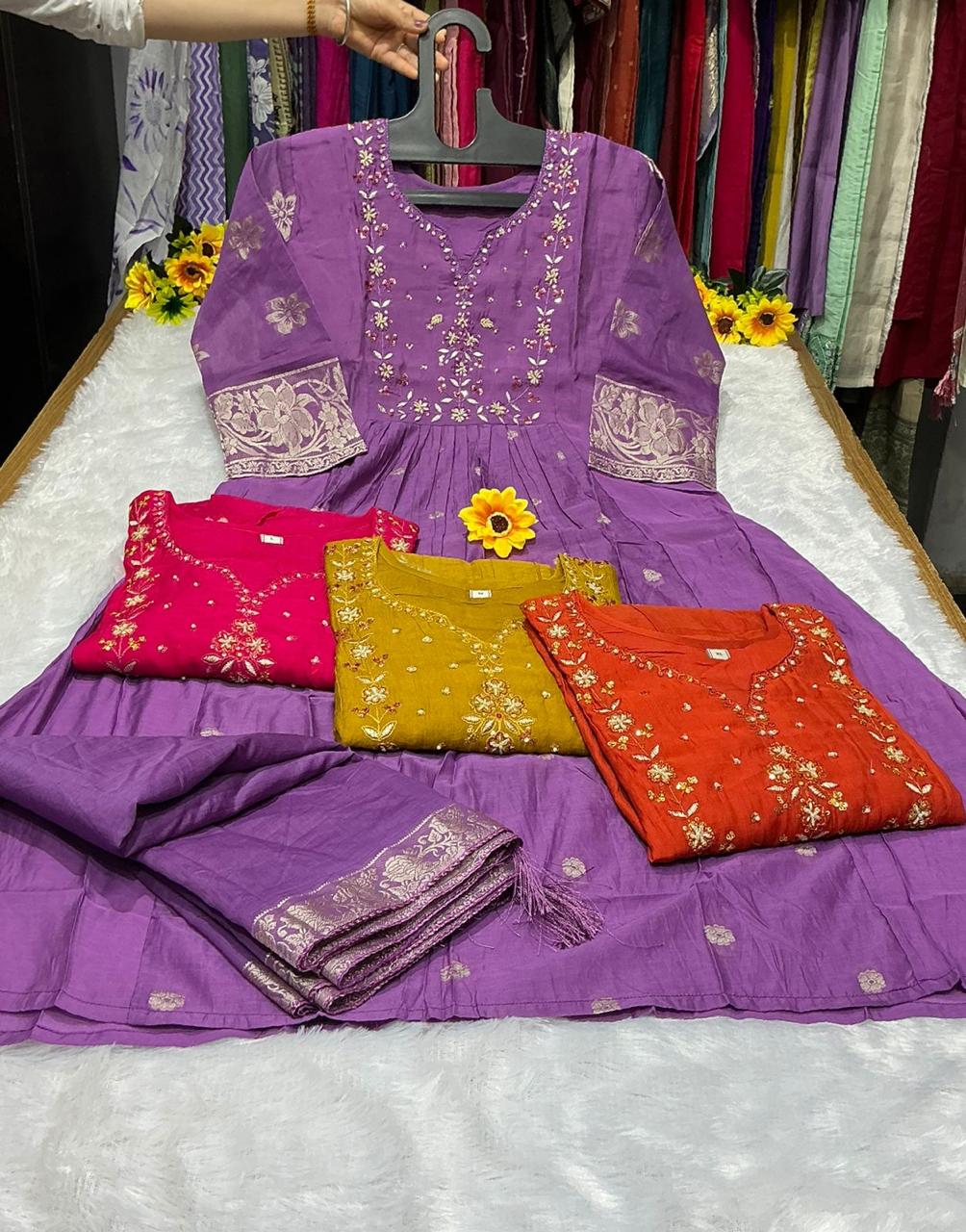 Aanchi Bul Bul Mul Chanderi Embroidered Kurti With Bottom Dupatta