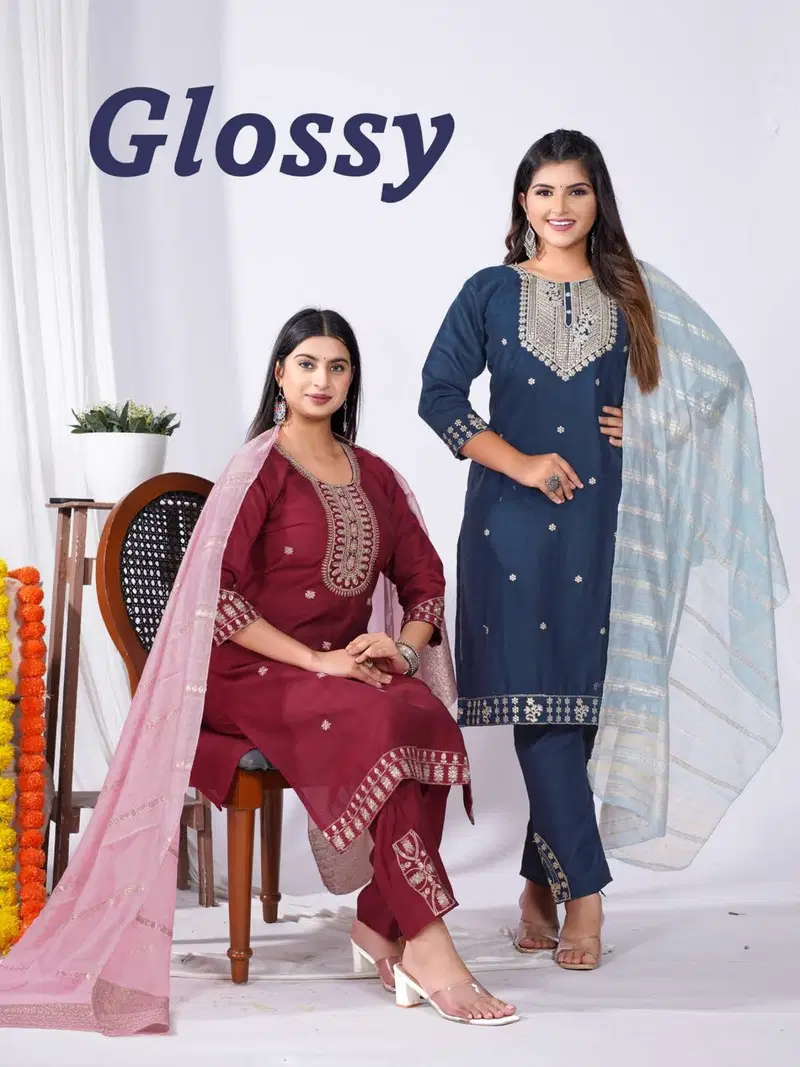 Glossy Vol 1 Vatican Silk Embroidery Kurti Pant With Dupatta