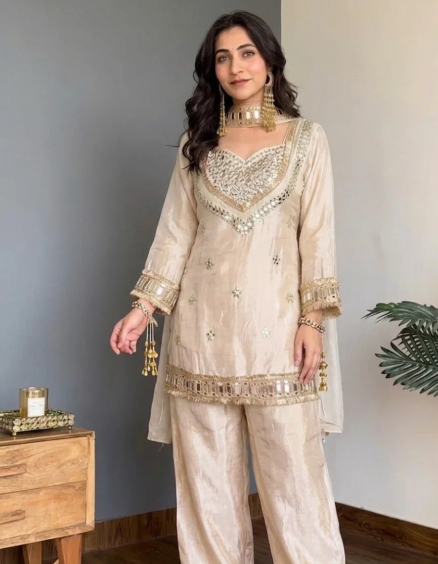 Butterfly 001 Chinon Silk Mirrior With Embroidered Kurti With Bottom Dupatta