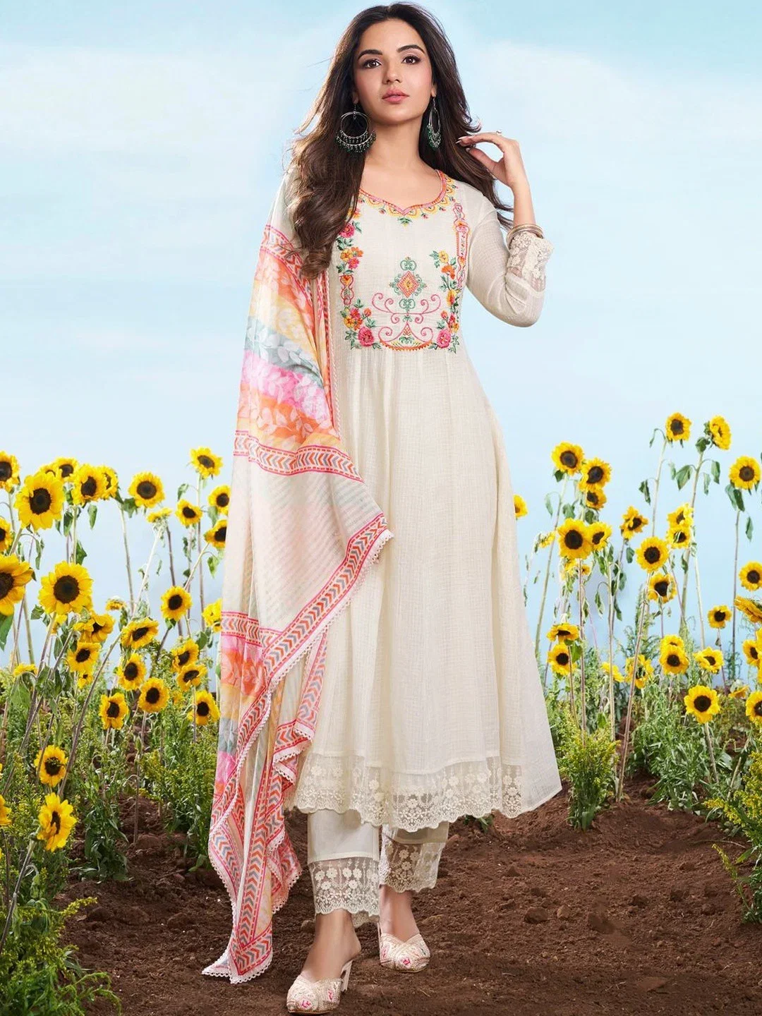 Pavitra 001 Cotton Checks Embroidered Kurti With Bottom Dupatta