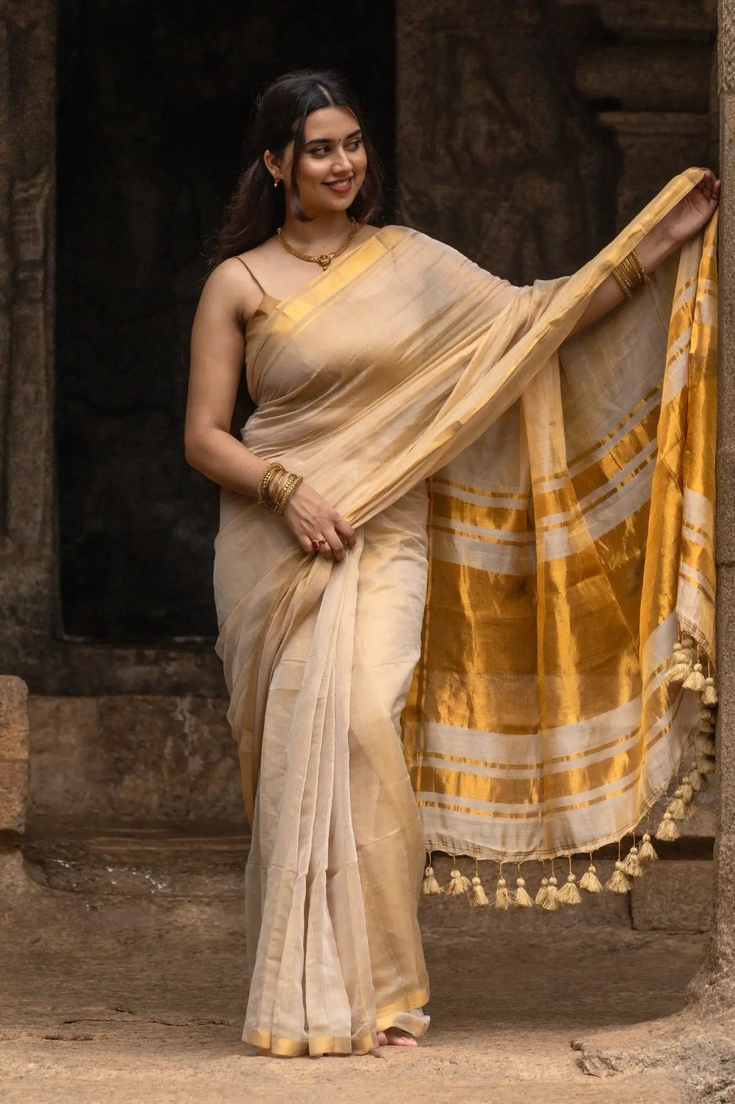 Lekha CF Golden Tissue Lilen Cotton Saree