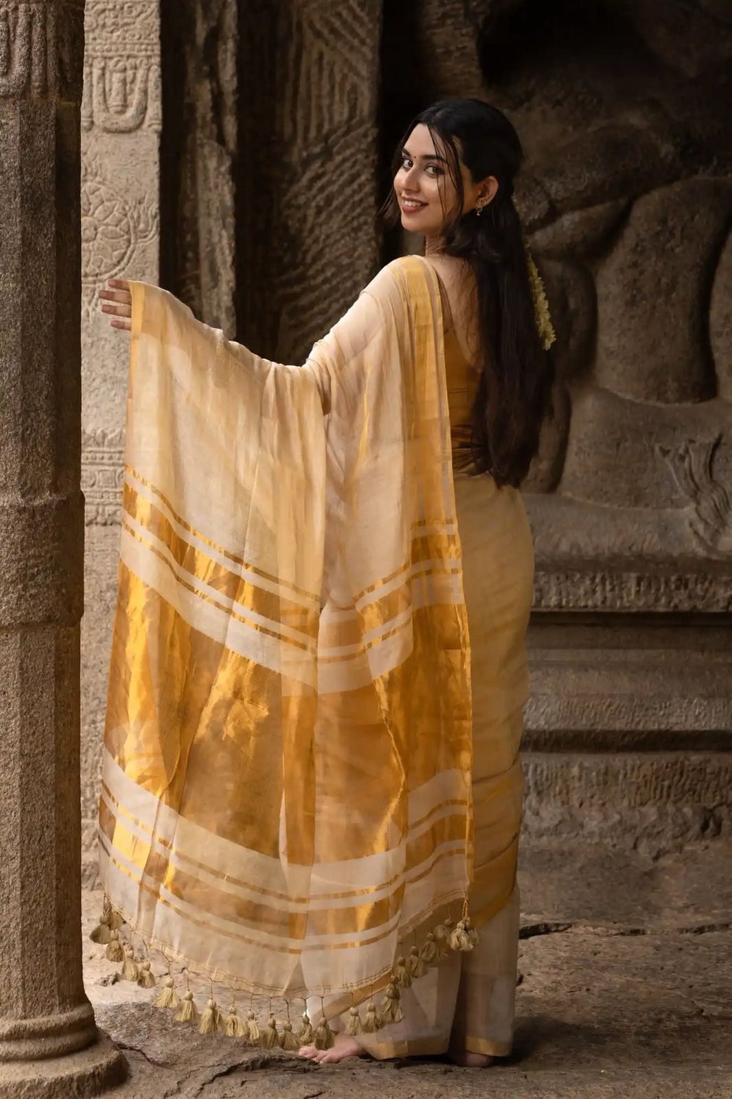 Lekha CF Golden Tissue Lilen Cotton Saree