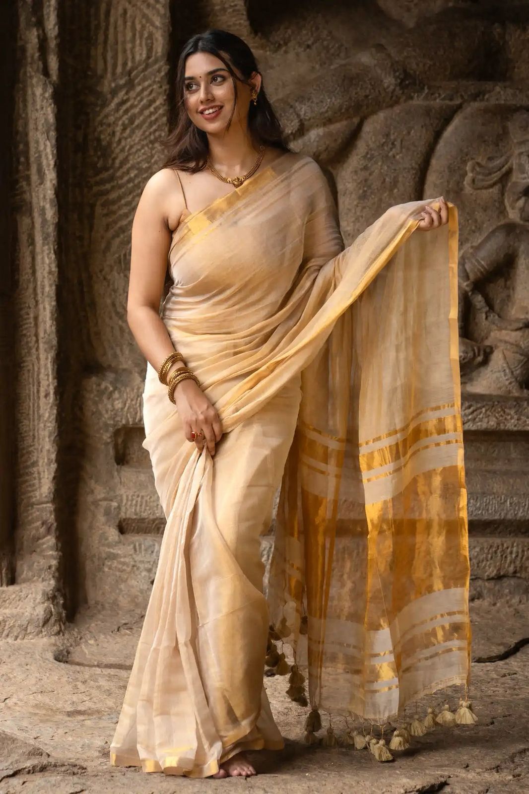 Lekha CF Golden Tissue Lilen Cotton Saree