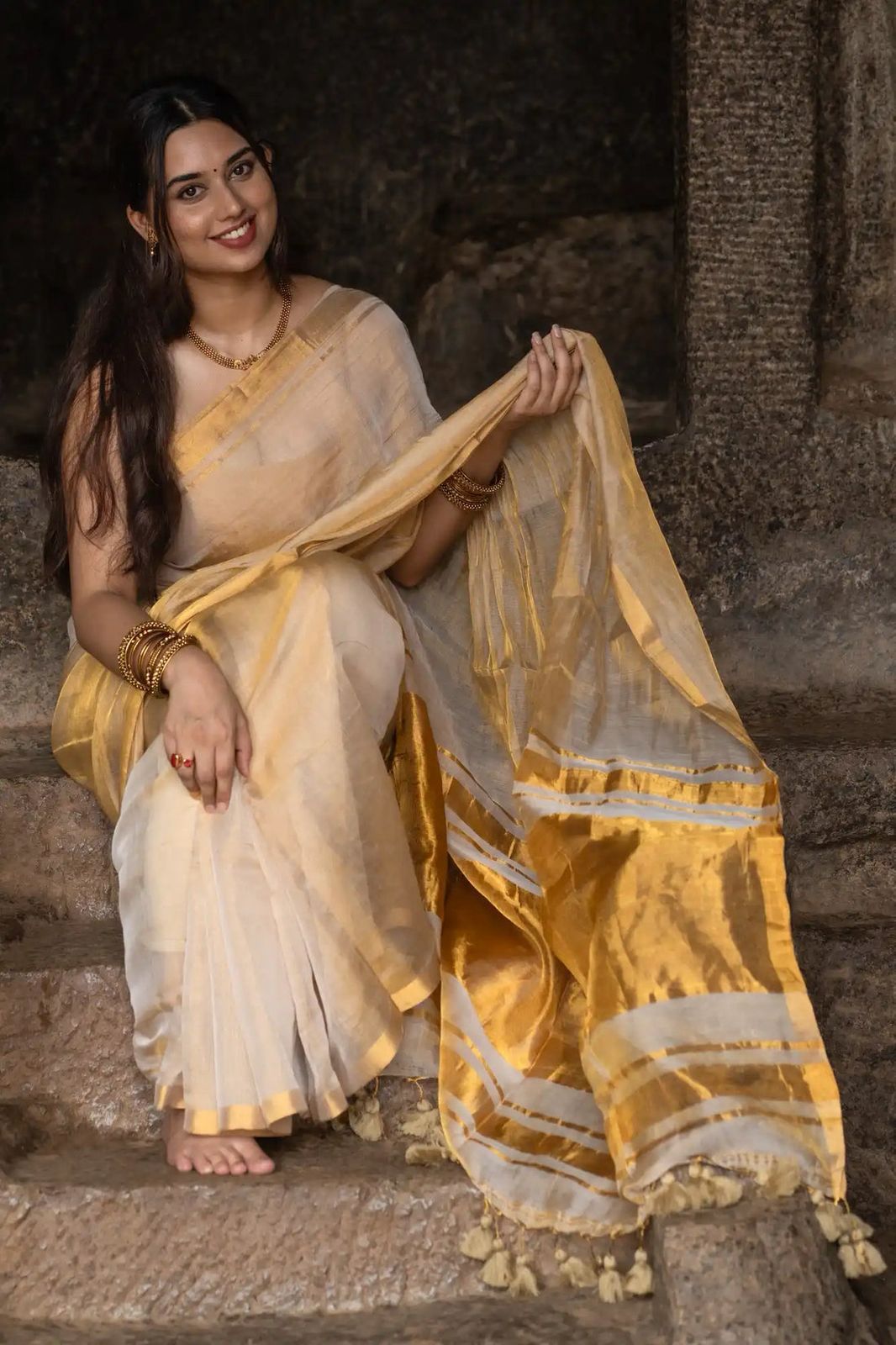 Lekha CF Golden Tissue Lilen Cotton Saree