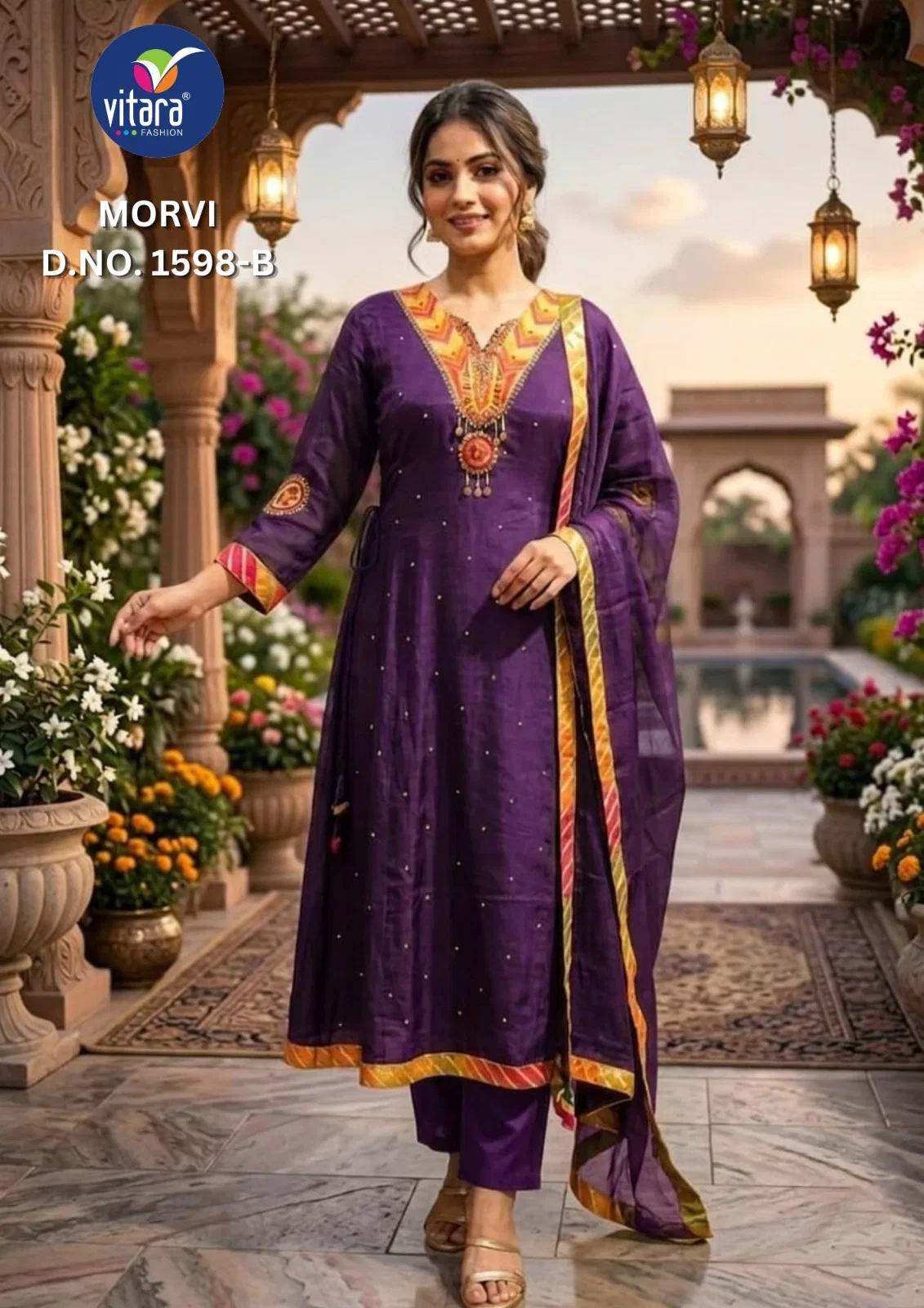 Vitara Morvi Mul Chanderi Embroidered Kurti With Bottom Dupatta