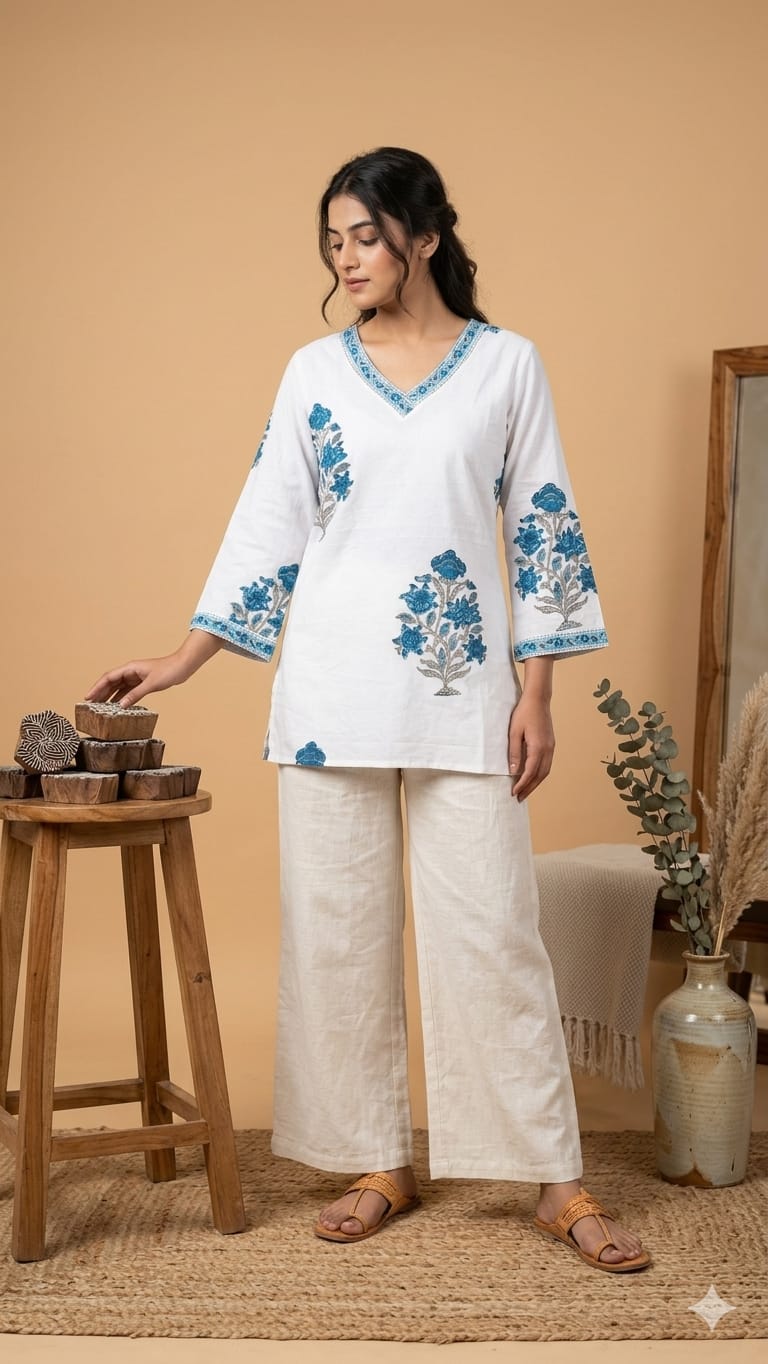 Naisha K 1000 Cambric Cotton Block Printed Short Top Collection