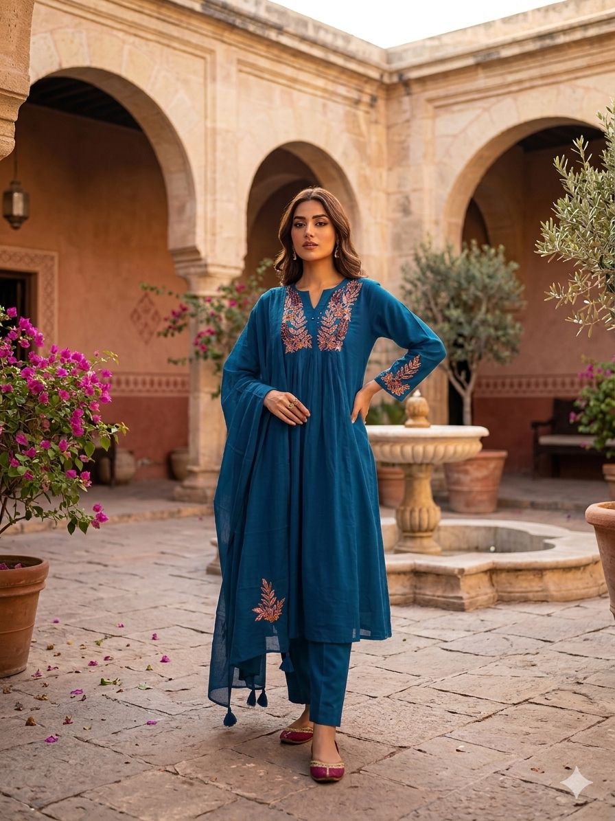 Naisha K 1002 Mul Cotton Aline Hand Worked Kurti With Bottom Dupatta