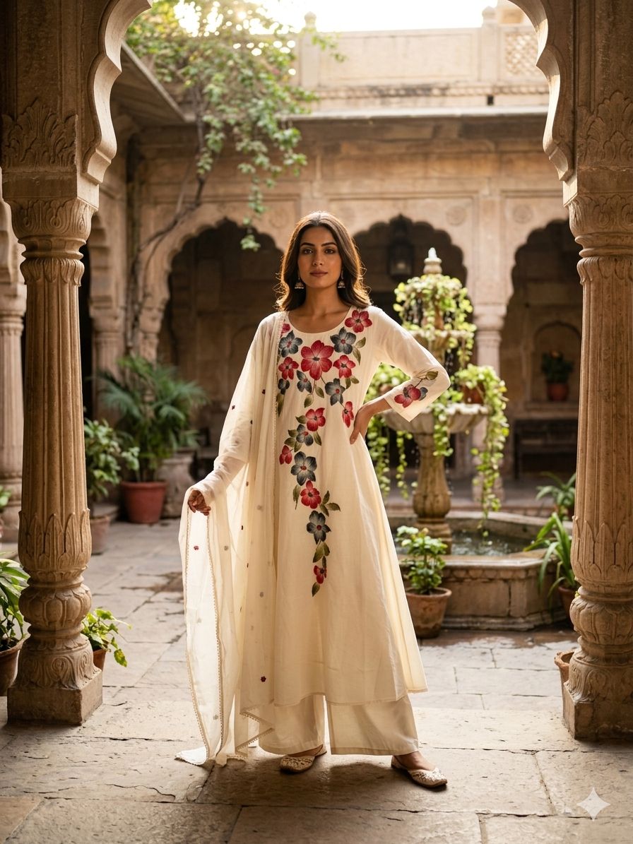 Naisha K 1004 Mul Cotton Thread Worked Kurti With Bottom Dupatta