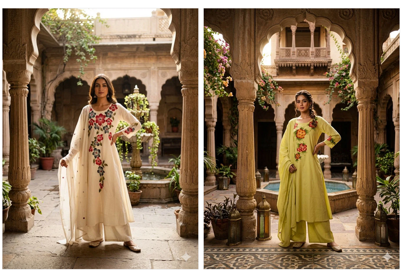 Naisha K 1004 Mul Cotton Thread Worked Kurti With Bottom Dupatta