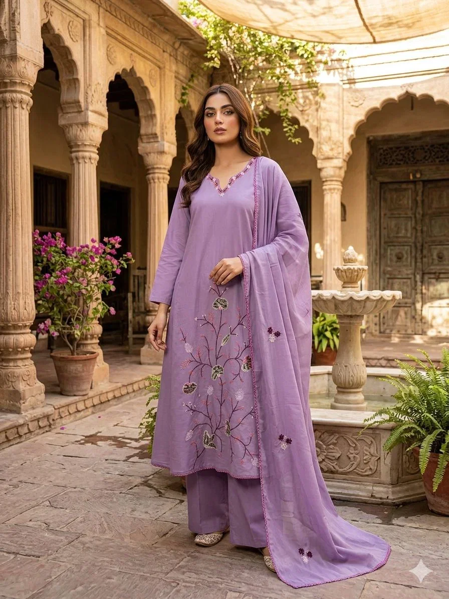 Naisha K 1005 Mul Cotton Thread Worked Kurti With Bottom Dupatta