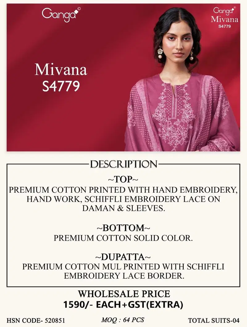 Ganga Mivana 4779 Cotton Printed Hand Embroidered Salwar Kameez