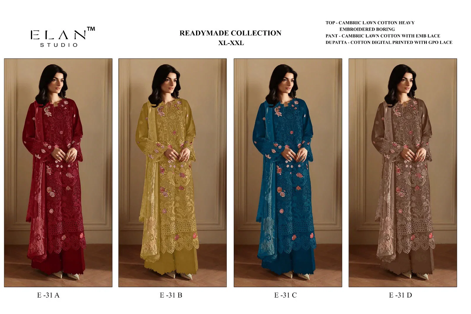 Elan E 31 A To D Cambric Cotton Embroidered Salwar Kameez