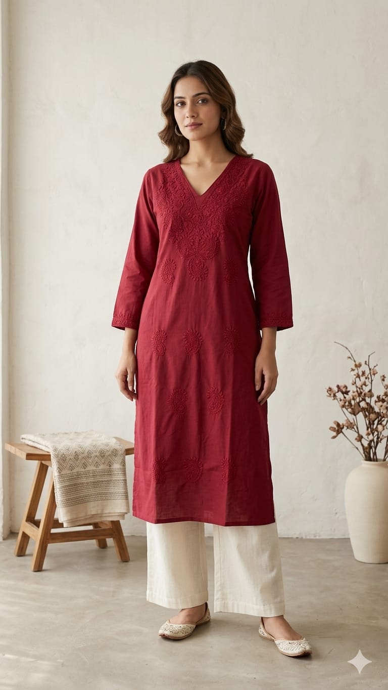Naisha K 1009 Cotton Self Embroidered V Neck Kurti Collection