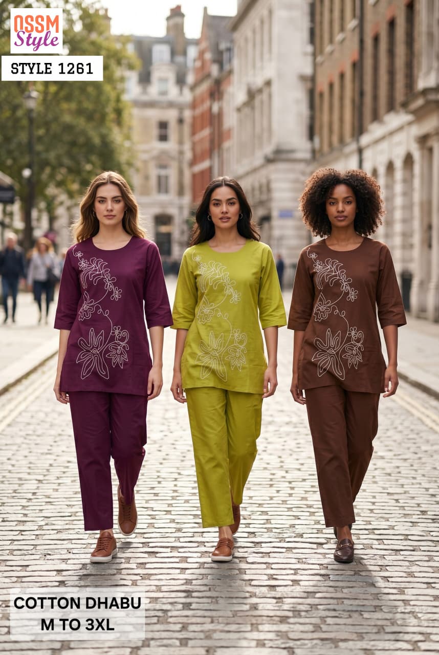Ossm Style 1261 Dhabu Cotton Thread Worked Kurti With Bottom Collection