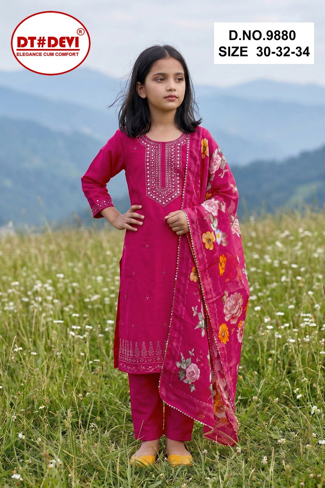 Kayla 9880 Mul Chanderi Kids Wear Kurti With Pant Dupatta