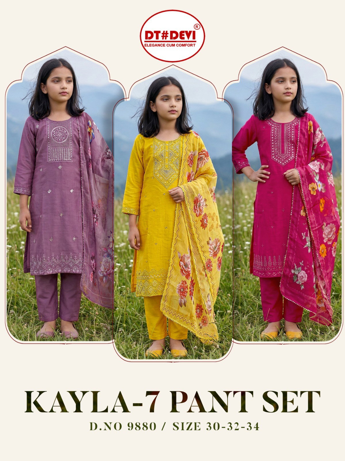 Kayla 9880 Mul Chanderi Kids Wear Kurti With Pant Dupatta