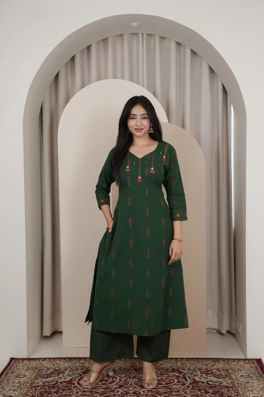 Naisha K 1006 Handloom With Mirror Work Aline Kurti With Bottom