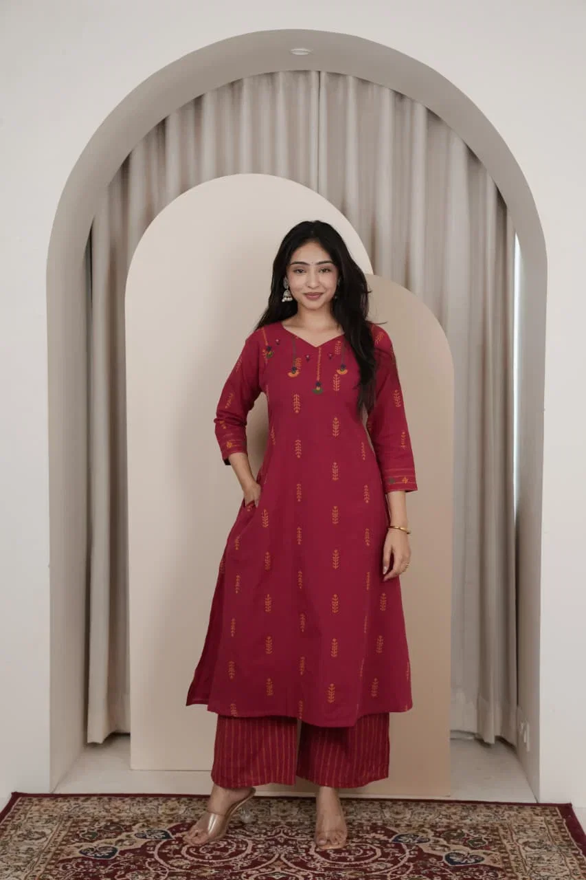 Naisha K 1006 Handloom With Mirror Work Aline Kurti With Bottom