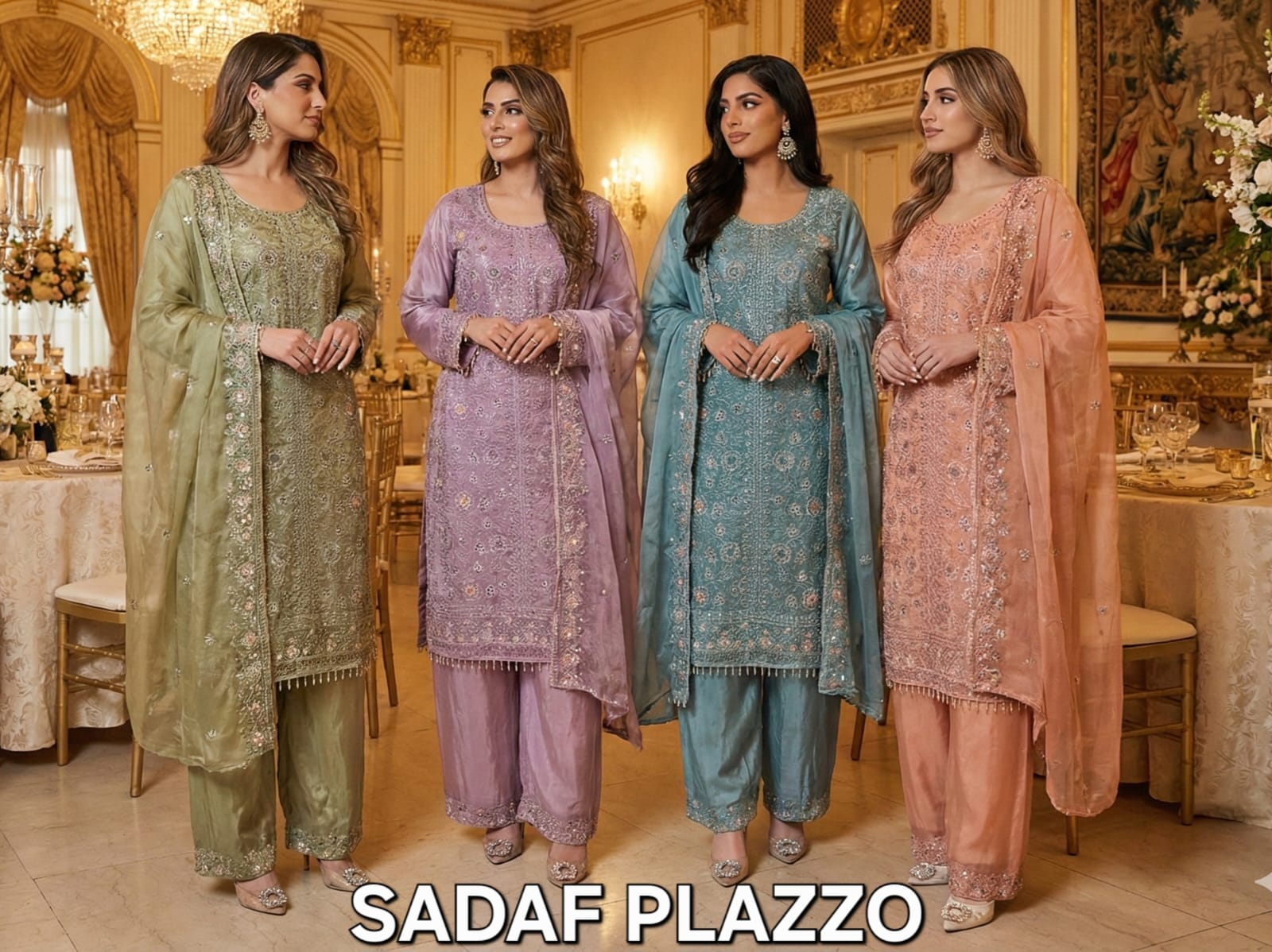 FM Sadaf Plazzo Glass Organza Readymade Top Plazzo And Dupatta Set
