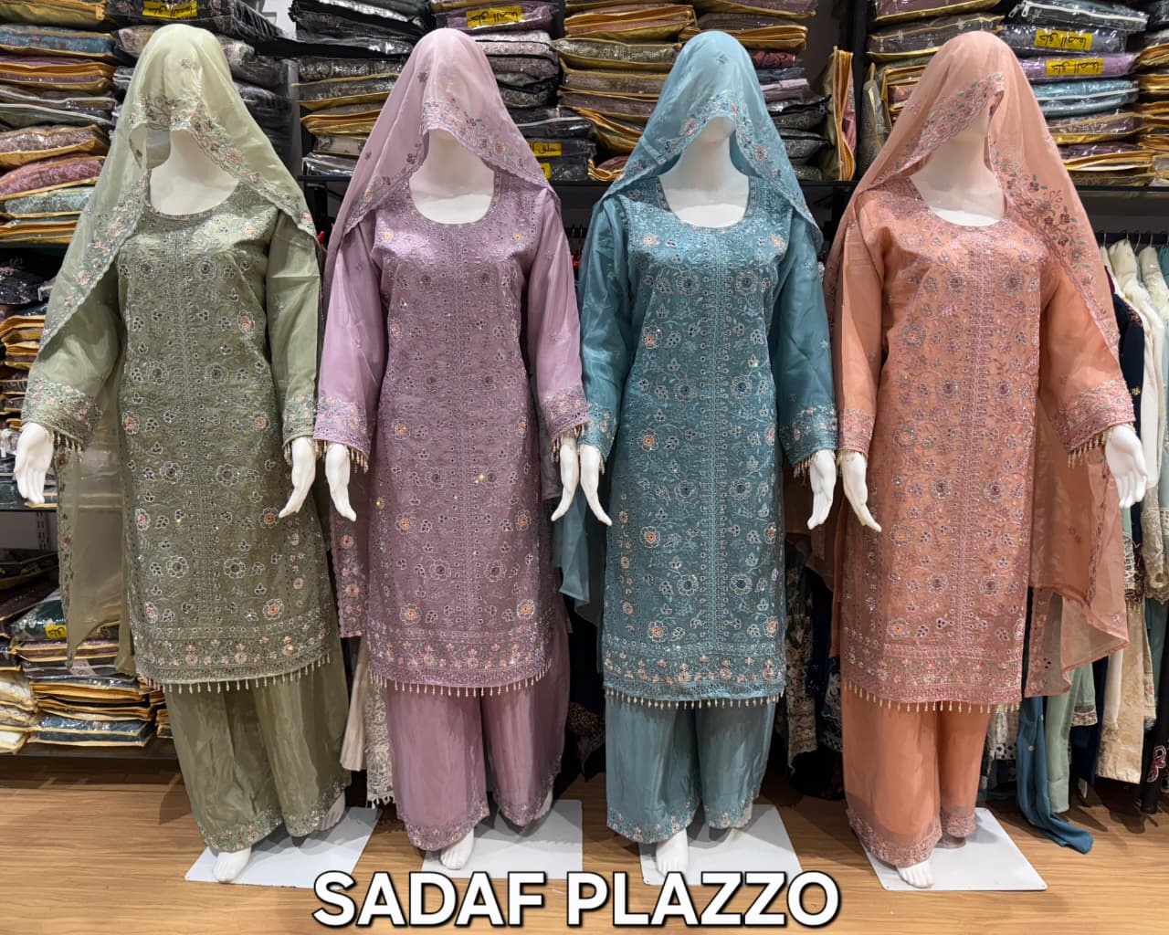 FM Sadaf Plazzo Glass Organza Readymade Top Plazzo And Dupatta Set