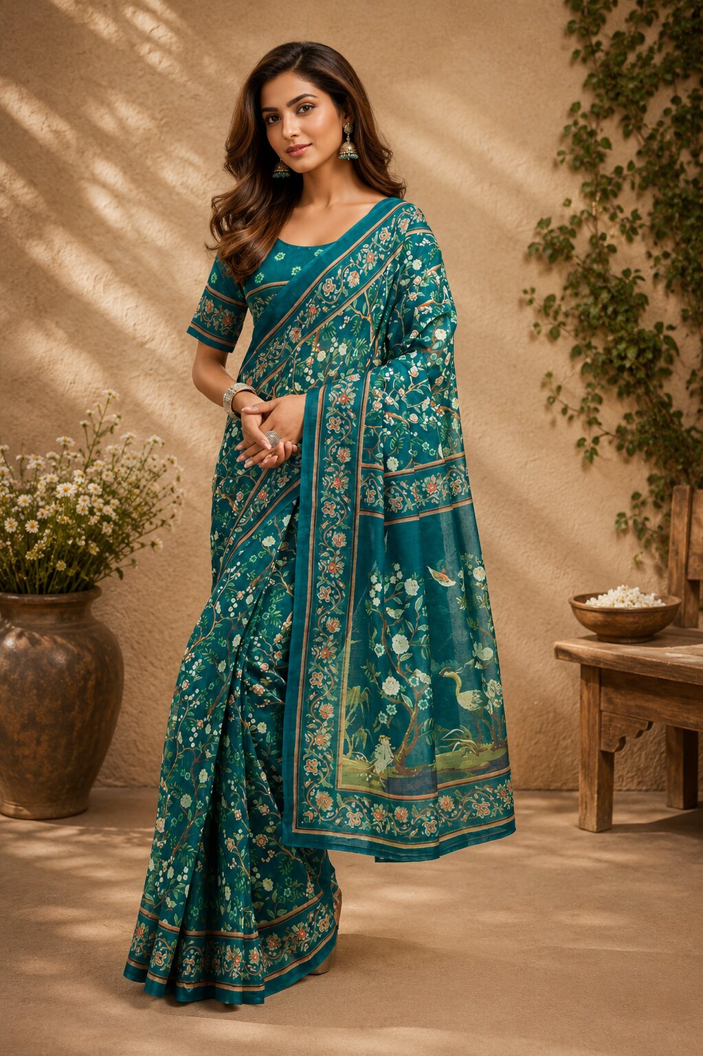 Meera 340 Party Wear Printed Chanderi Cotton Ready to Wear Saree with Un Stitched Blouse