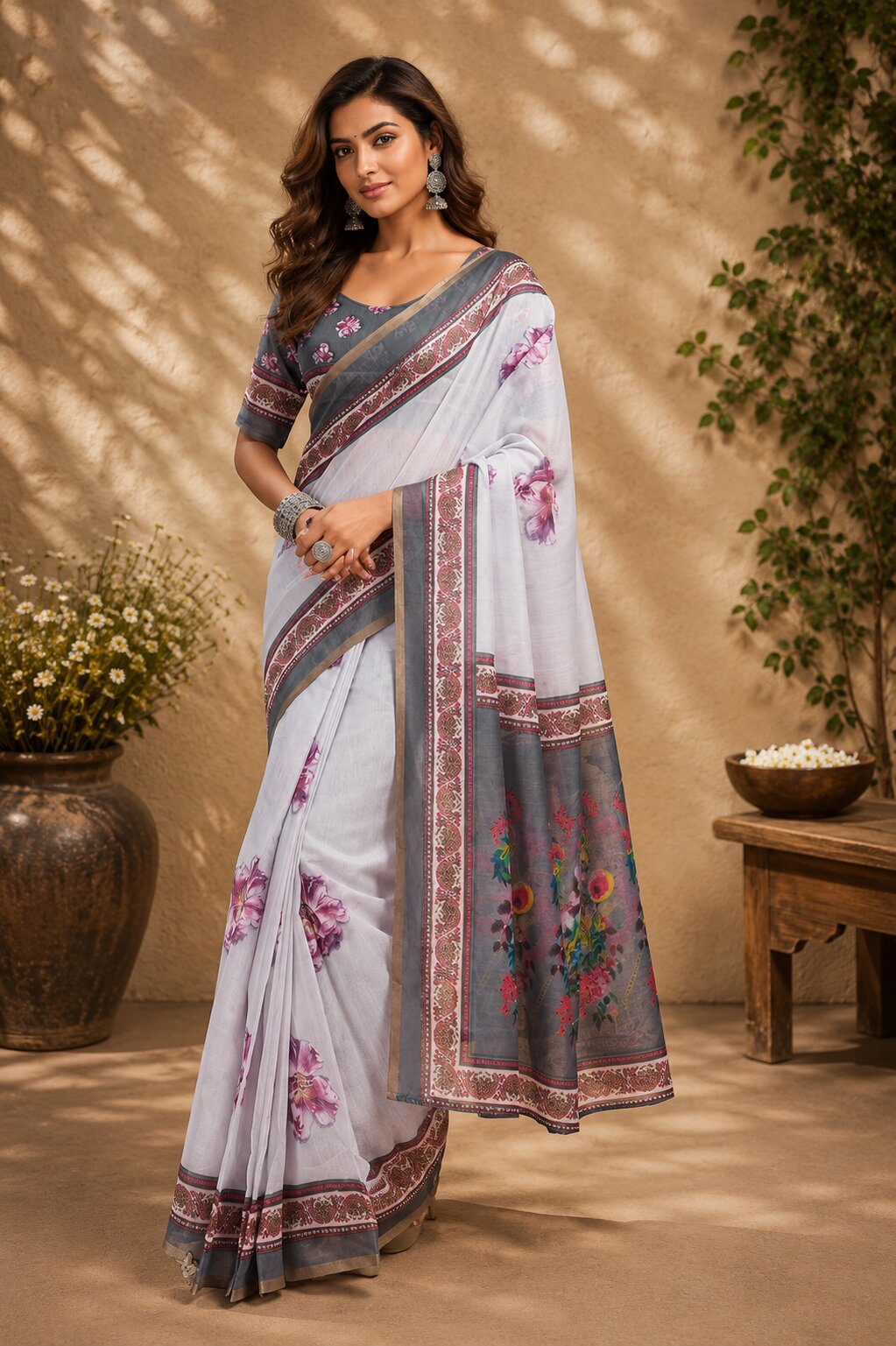 Meera 340 Party Wear Printed Chanderi Cotton Ready to Wear Saree with Un Stitched Blouse