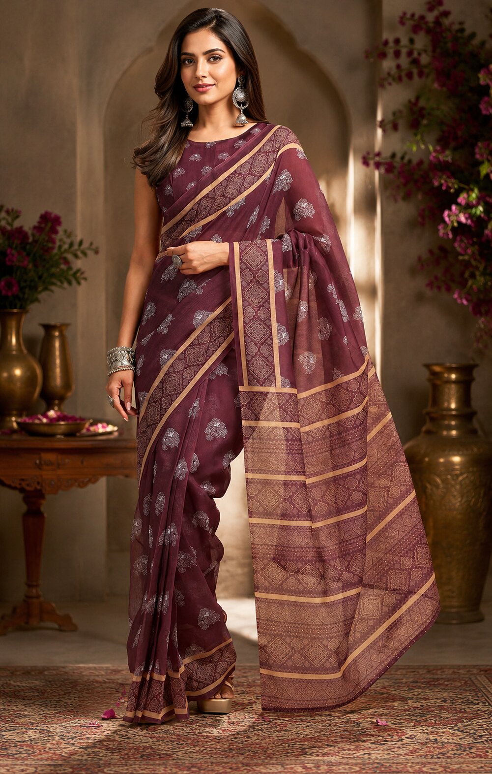 Meera 340 Party Wear Printed Chanderi Cotton Ready to Wear Saree with Un Stitched Blouse