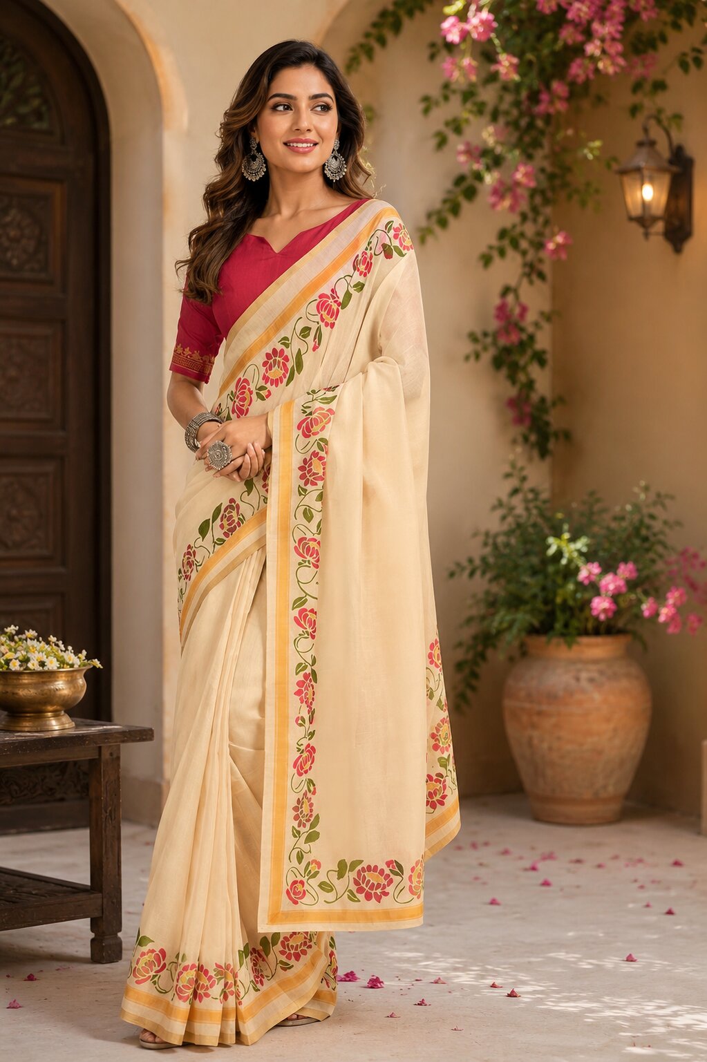 Meera 340 Party Wear Printed Chanderi Cotton Ready to Wear Saree with Un Stitched Blouse