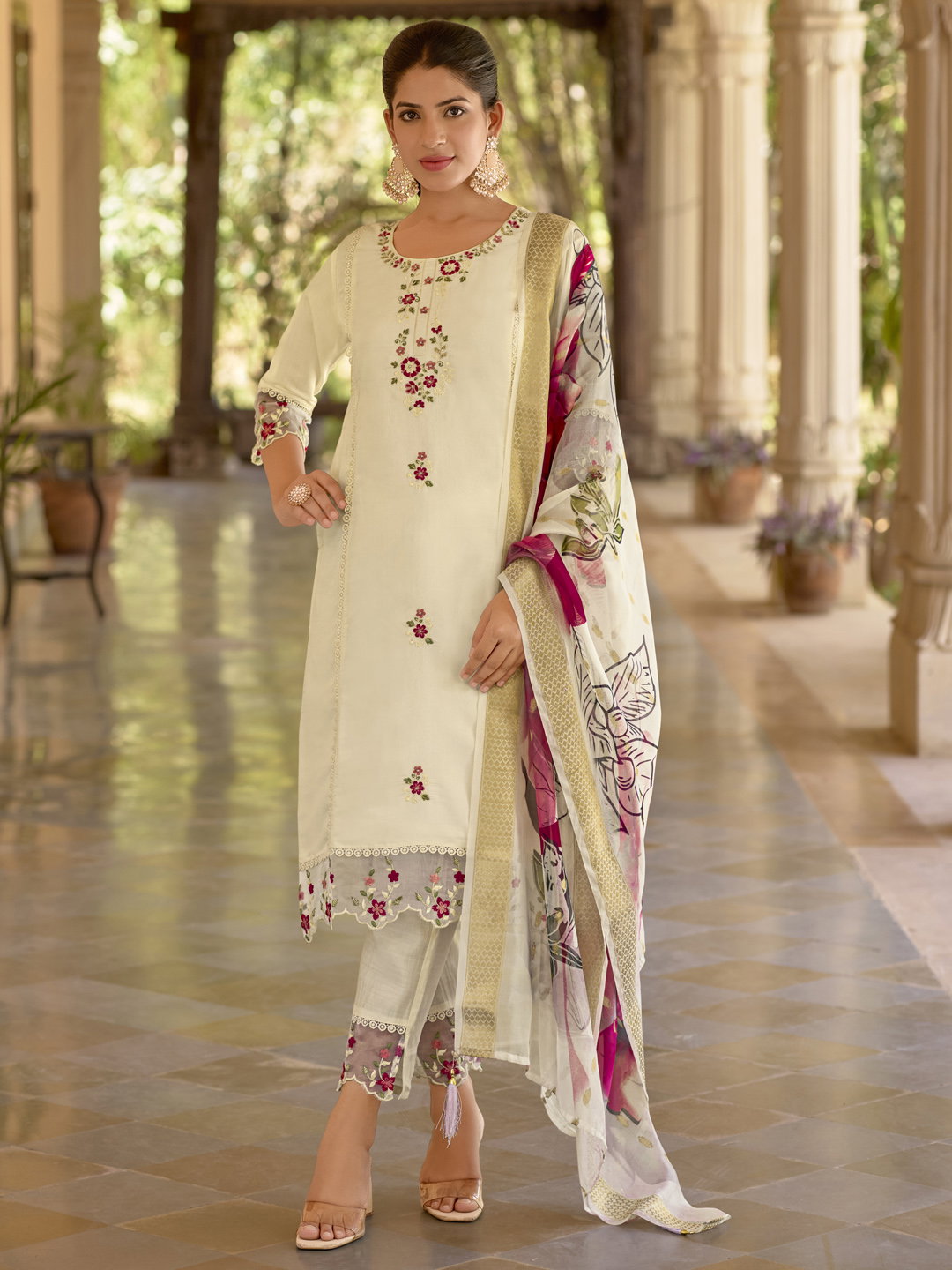 VP 9579 White Viscose Roman Silk Calf Length Kurta Set Dupatta