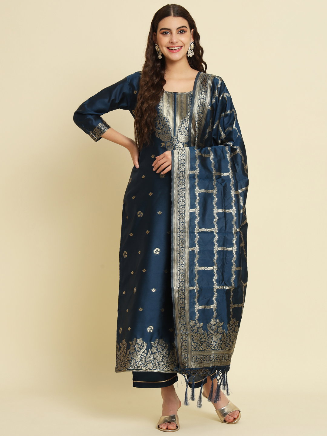 vp 9476 teal Kurta and Trousers Pant Set Heavy Zari Wok Silk Blend