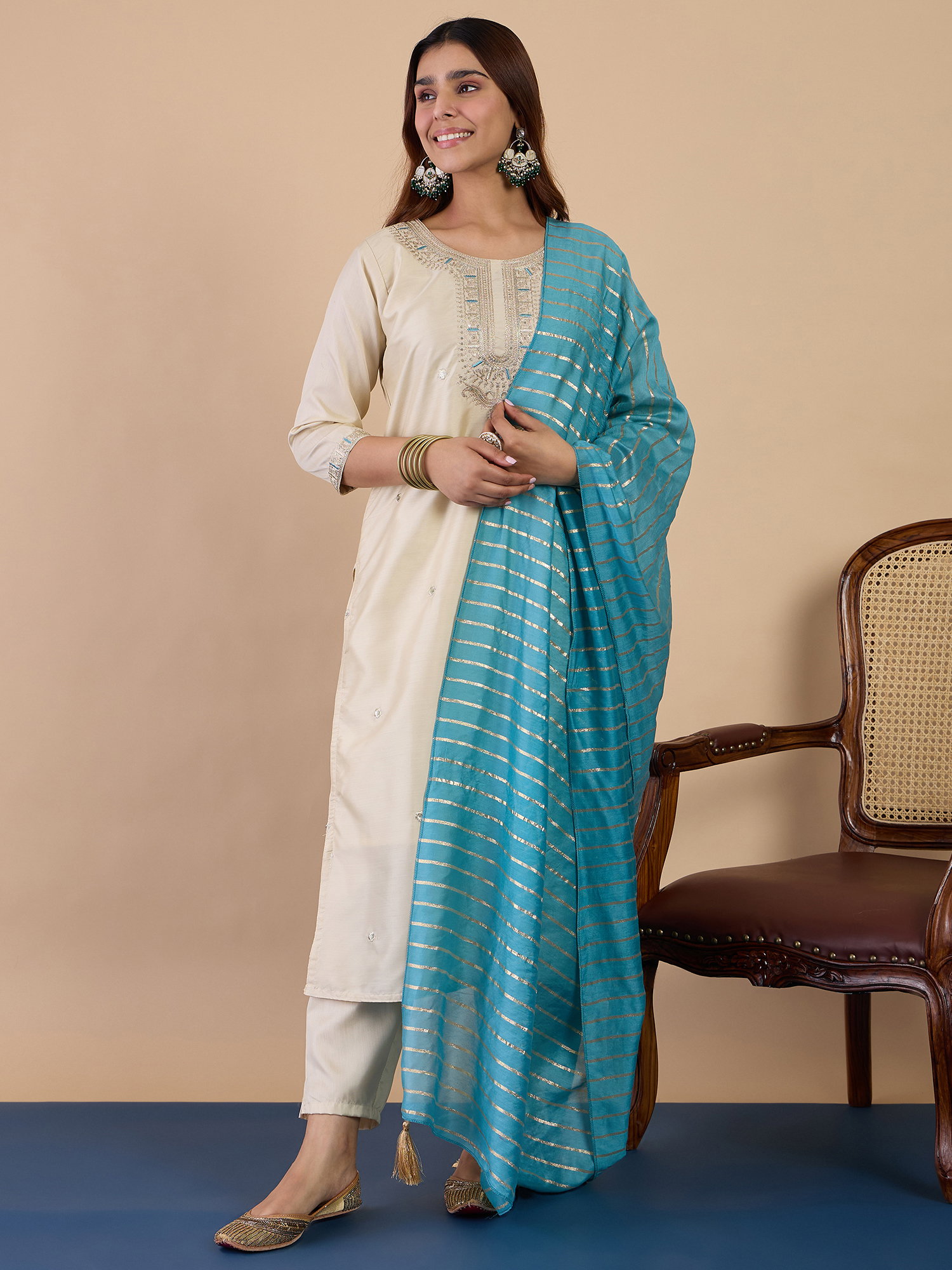 VP 9841 Women’s Zora Silk Straight Kurta Pant with Chanderi Striped Dupatta 3pc Set