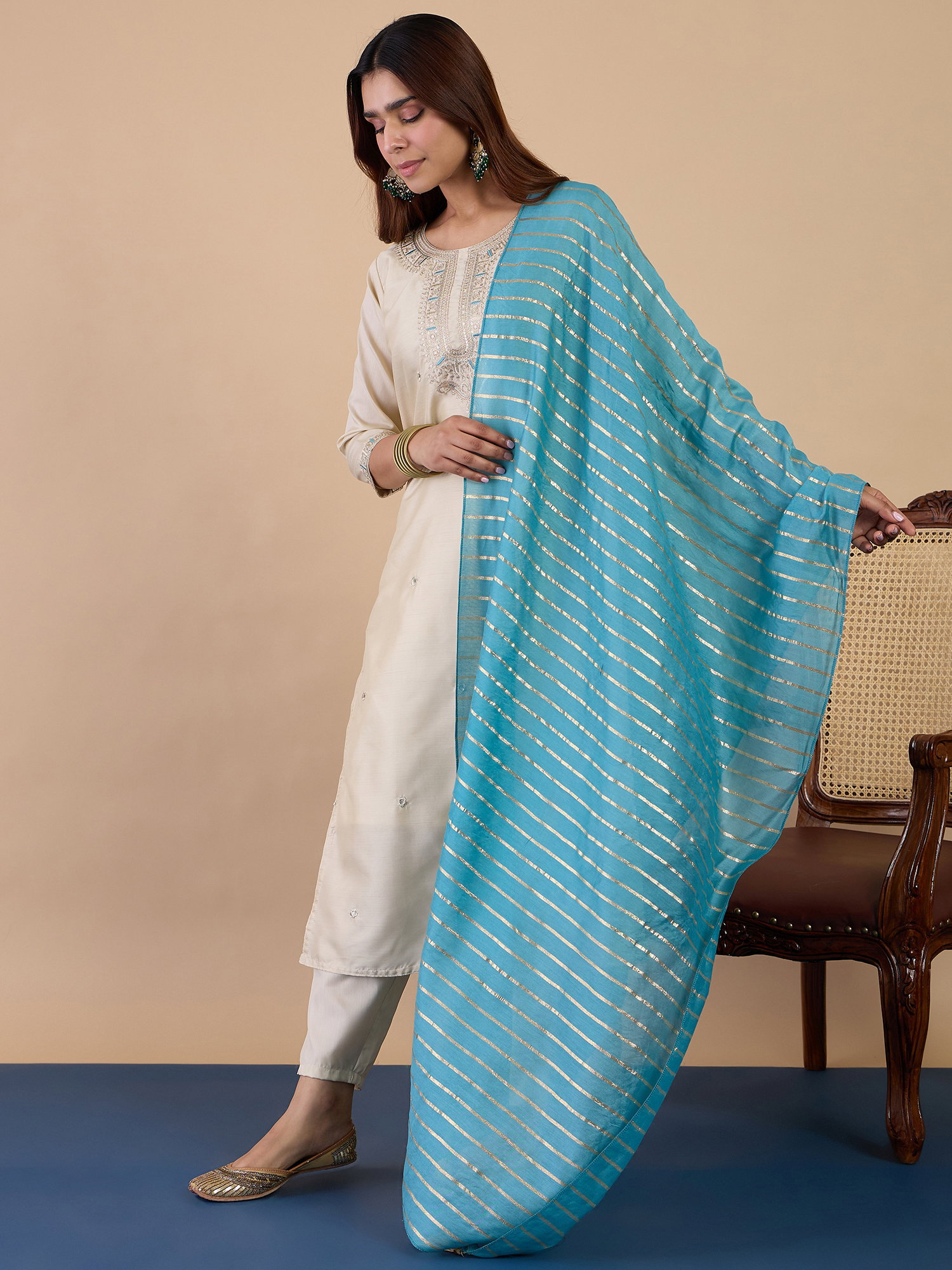 VP 9841 Women’s Zora Silk Straight Kurta Pant with Chanderi Striped Dupatta 3pc Set