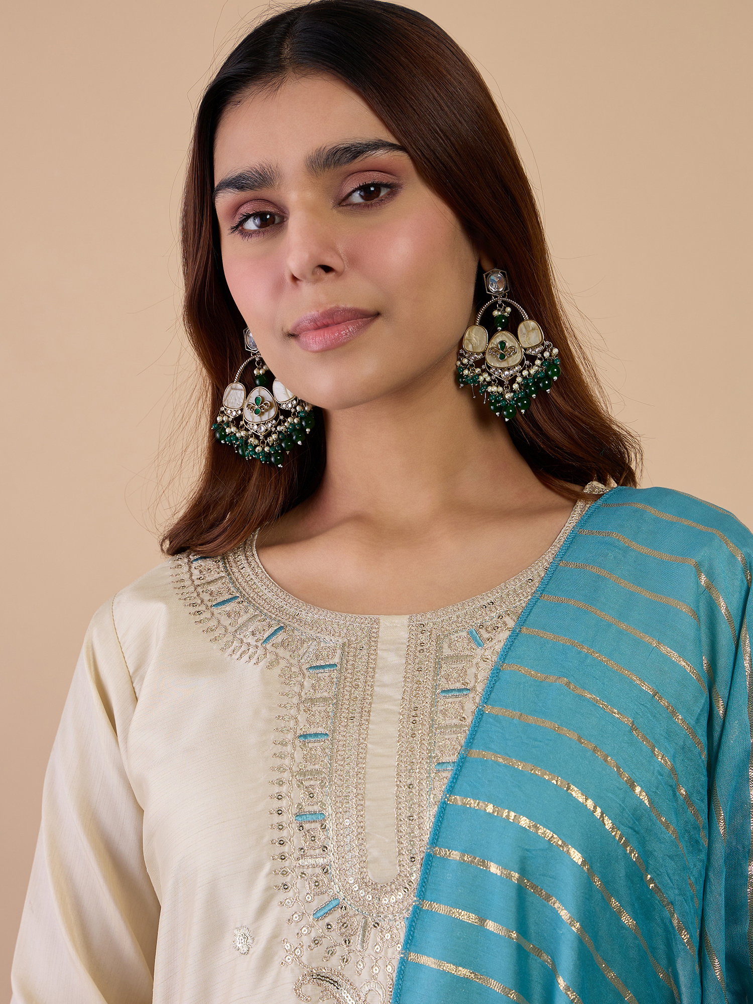 VP 9841 Women’s Zora Silk Straight Kurta Pant with Chanderi Striped Dupatta 3pc Set
