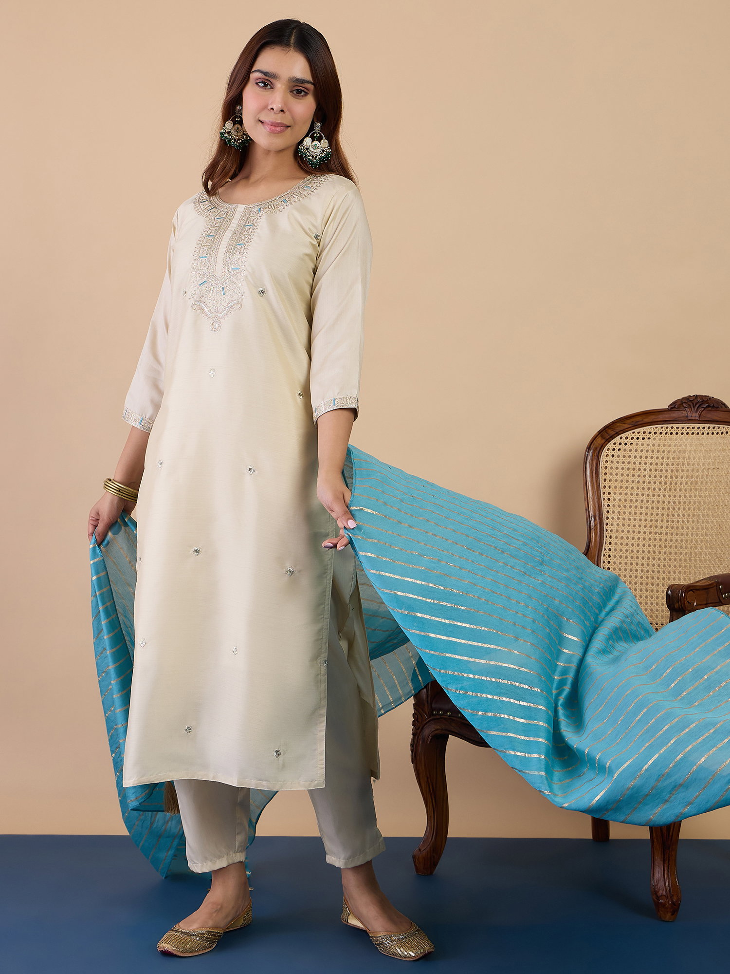 VP 9841 Women’s Zora Silk Straight Kurta Pant with Chanderi Striped Dupatta 3pc Set