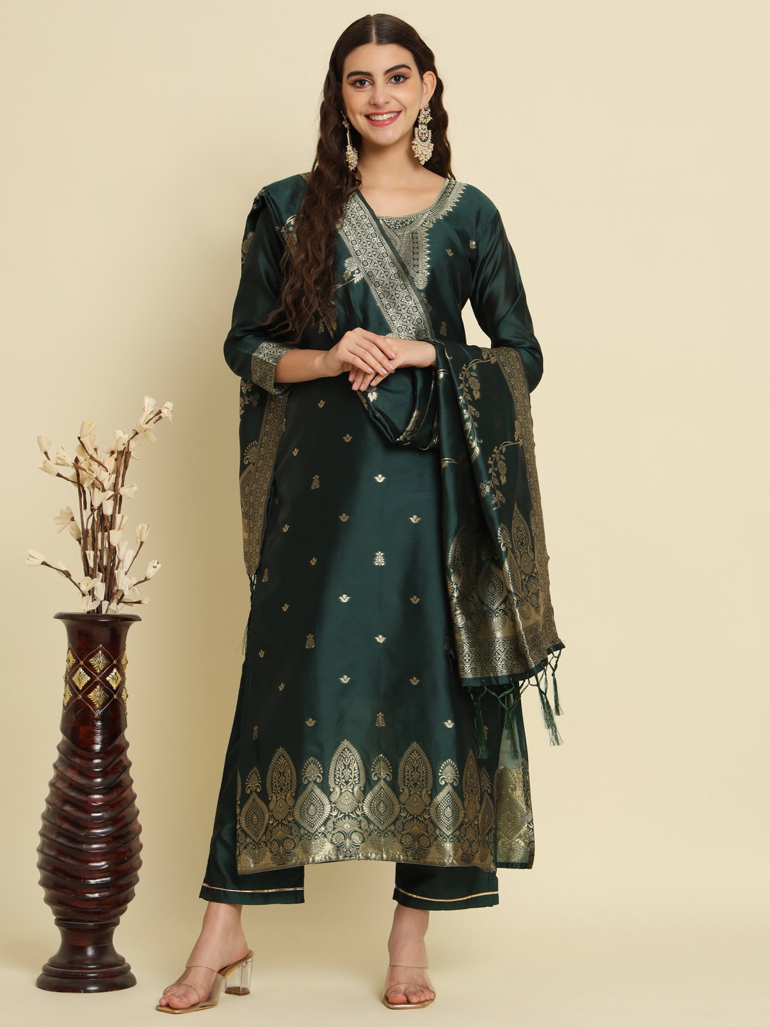 vp 9476 green Kurta and Trousers Pant Set Heavy Zari Wok Silk Blend