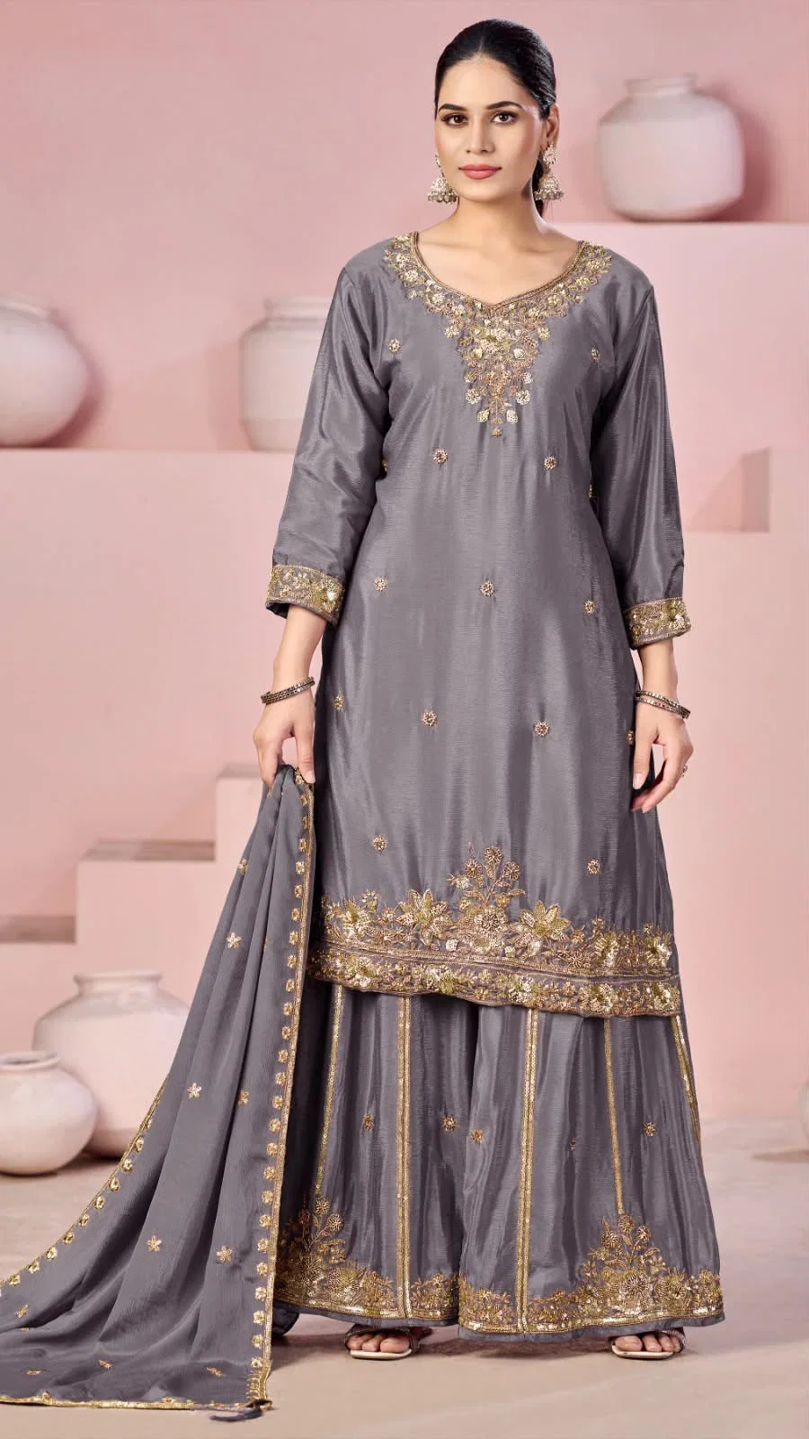 Bilqis B 275 A To D Chinon Beads Embroidered Salwar Kameez