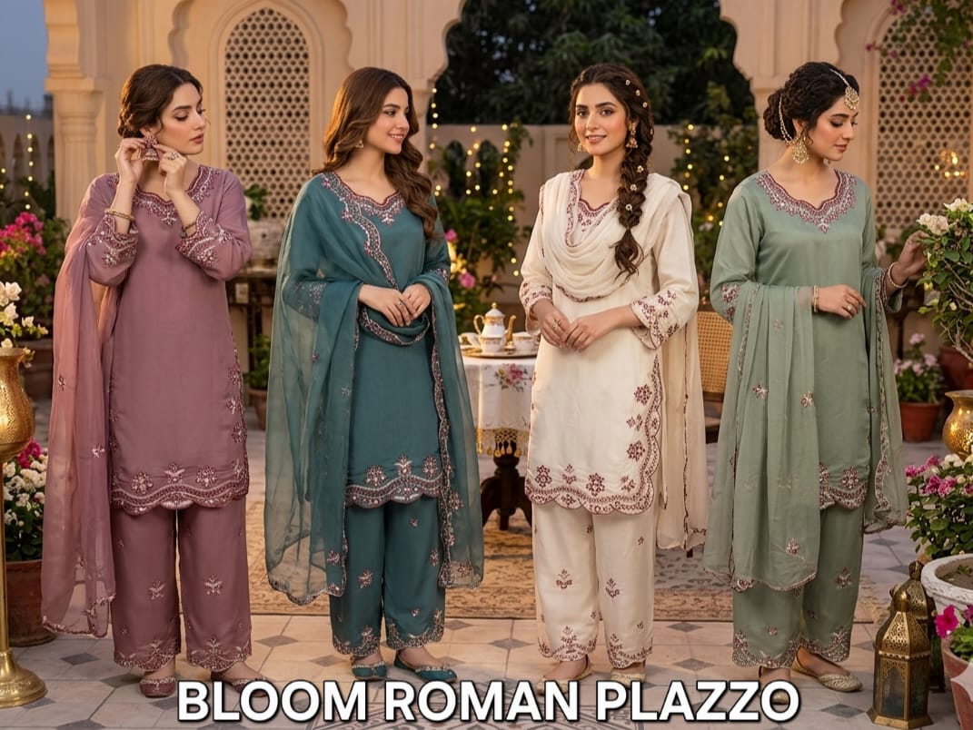 FM Bloom Roman Pant Premium Silk Embroidery Readymade Palazzo Suits Collection