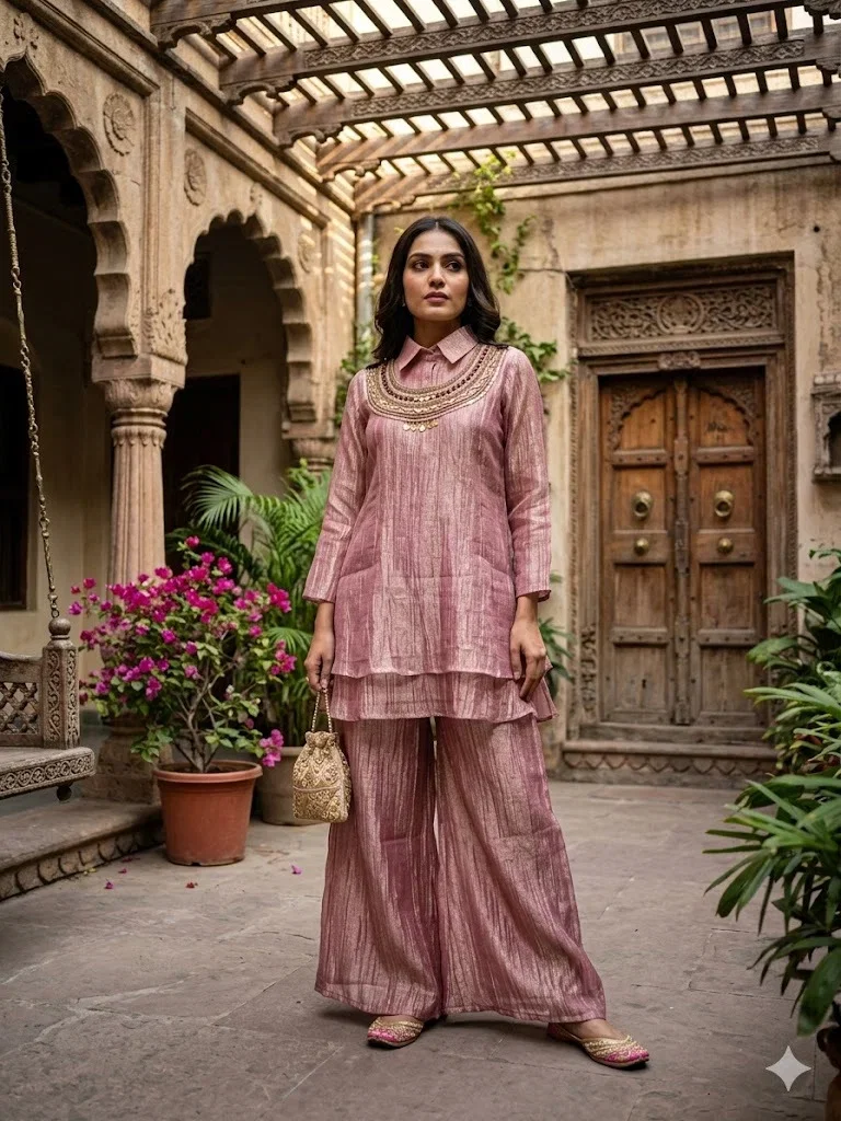 Naisha K 1016 Tissue With Neck Work Kurti With Bottom Collection
