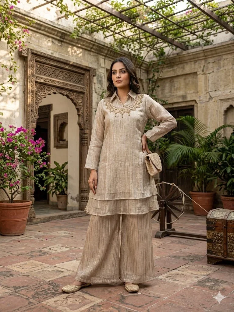 Naisha K 1016 Tissue With Neck Work Kurti With Bottom Collection
