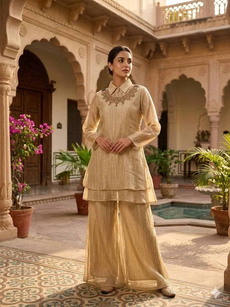 Naisha K 1016 Tissue With Neck Work Kurti With Bottom Collection