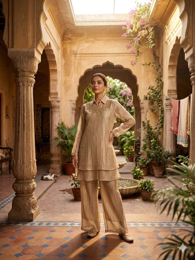 Naisha K 1016 Tissue With Neck Work Kurti With Bottom Collection