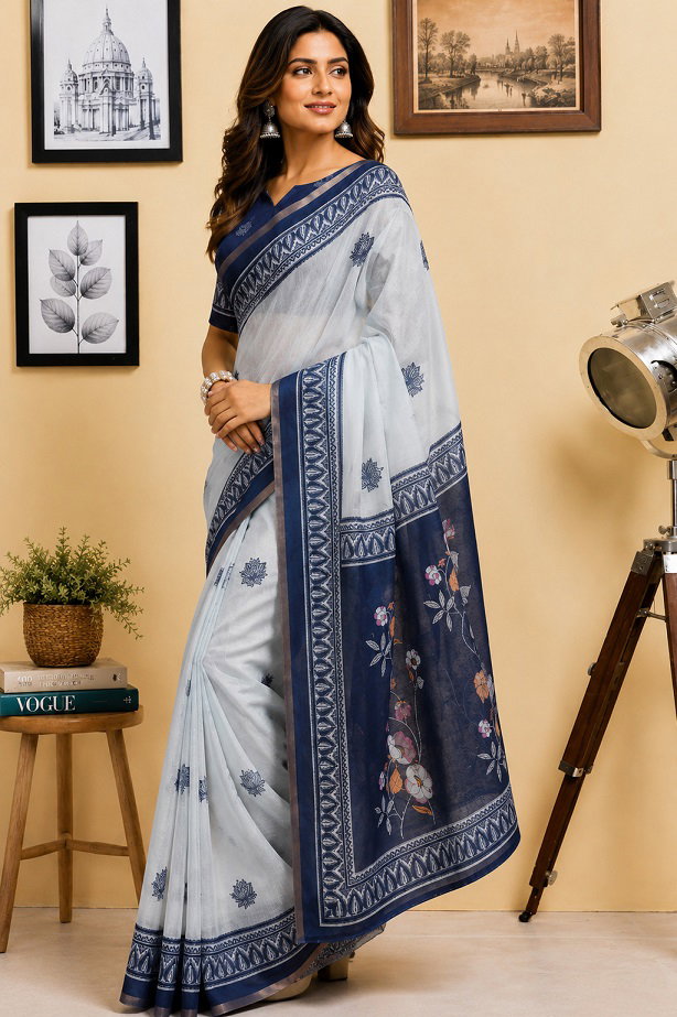 Meera 341 Party Wear Printed Chanderi Cotton Ready to Wear Saree with Un Stitched Blouse