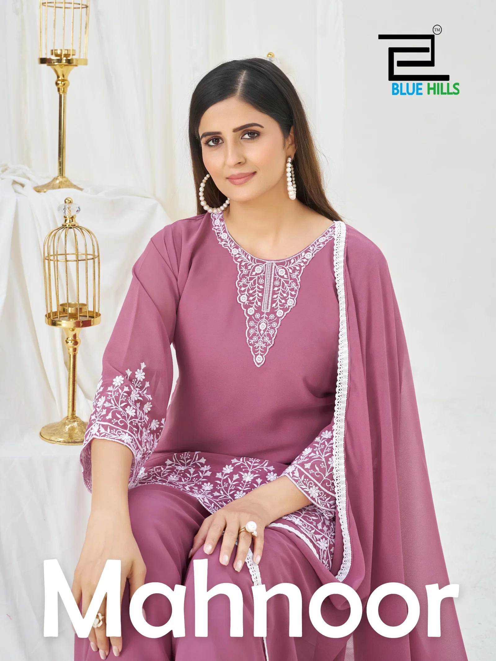 Blue Hills Mahnoor Georgette Thread Worked Kurti With Bottom Dupatta